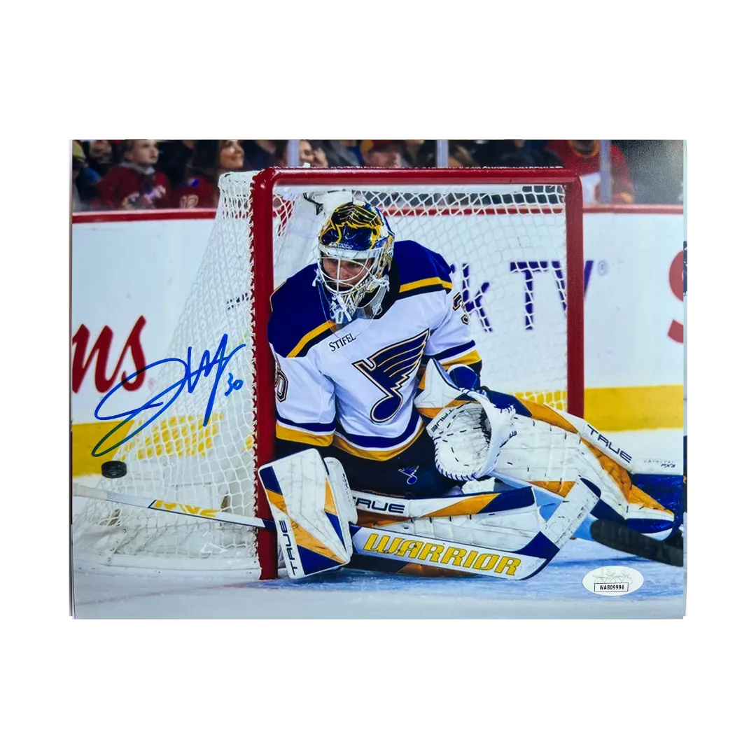 Joel Hofer St Louis Blues Autographed Away Jersey 8x10 Photo - JSA COA