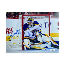 Joel Hofer St Louis Blues Autographed Away Jersey 8x10 Photo - JSA COA