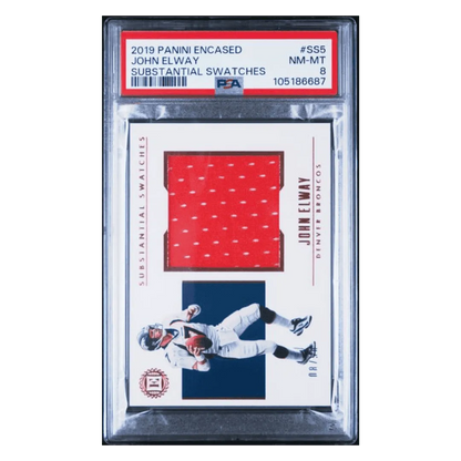 John Elway PSA 8 2019 Panini Encased Substantial Swatches #d/ 50 Card #SS5