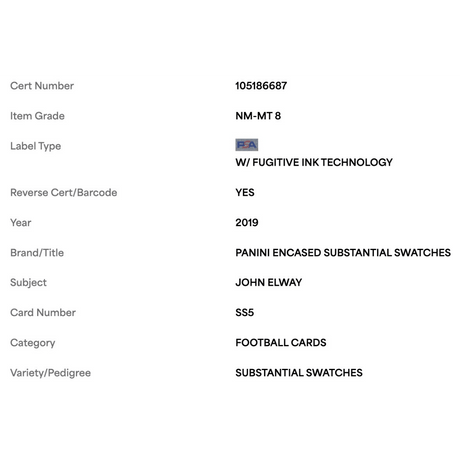 John Elway PSA 8 2019 Panini Encased Substantial Swatches #d/ 50 Card #SS5