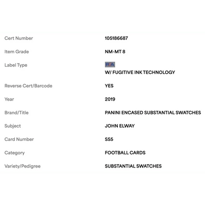 John Elway PSA 8 2019 Panini Encased Substantial Swatches #d/ 50 Card #SS5
