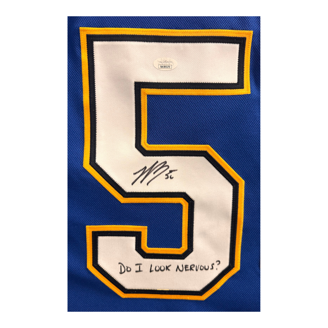 Jordan Binnington St Louis Blues Autographed Adidas Home Jersey w/ "Do I look nervous" Inscription - JSA COA