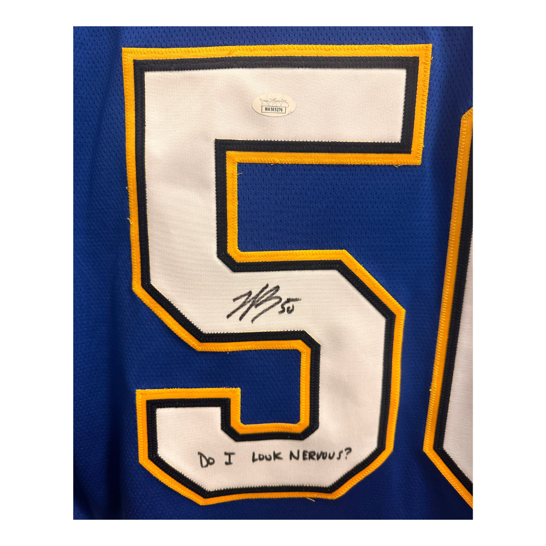 Jordan Binnington St Louis Blues Autographed Fanatics Home Jersey w/ "Do I look nervous" Inscription - JSA COA