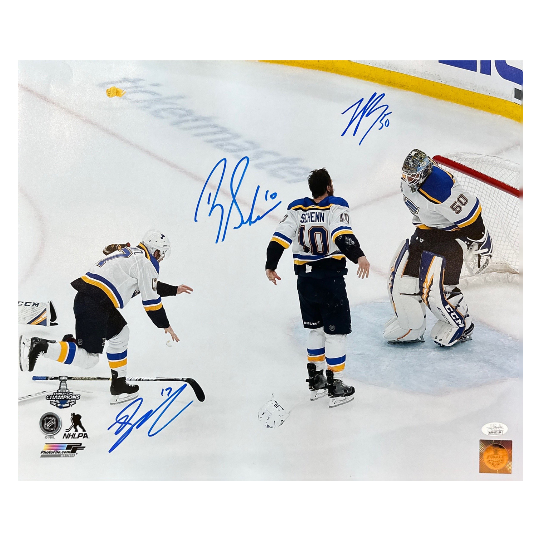 Jordan Binnington, Brayden Schenn & Jaden Schwartz St Louis Blues Triple Autographed SCF 16x20 Photo - JSA COA