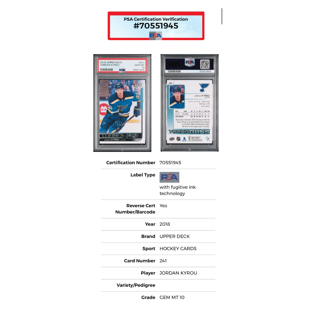 Jordan Kyrou PSA 10 2018 Upper Deck Young Guns Hockey Rookie Card