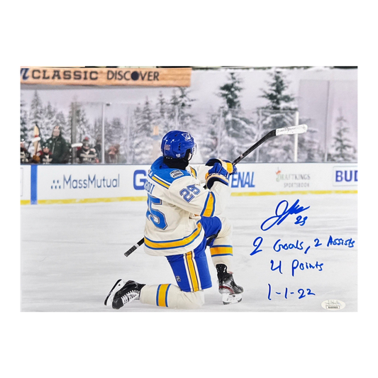 Jordan Kyrou St Louis Blues Autographed Winter Classic Goal Celebration Photo w/ Inscription - JSA COA