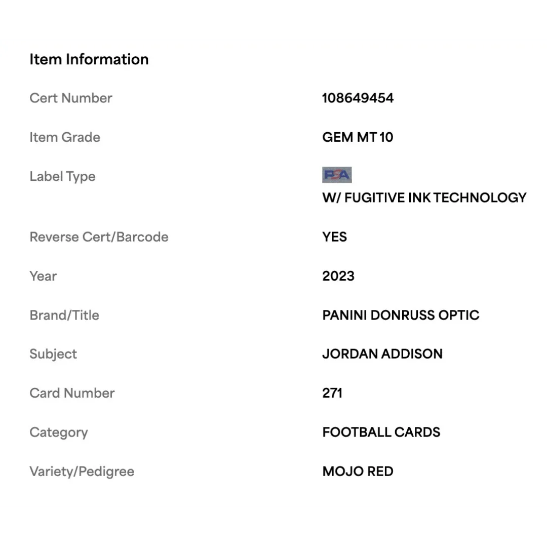 Jordan Addison PSA 10 2023 Panini Donruss Optic Mojo Red Rated Rookie Card #271