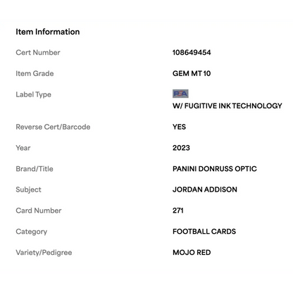Jordan Addison PSA 10 2023 Panini Donruss Optic Mojo Red Rated Rookie Card #271