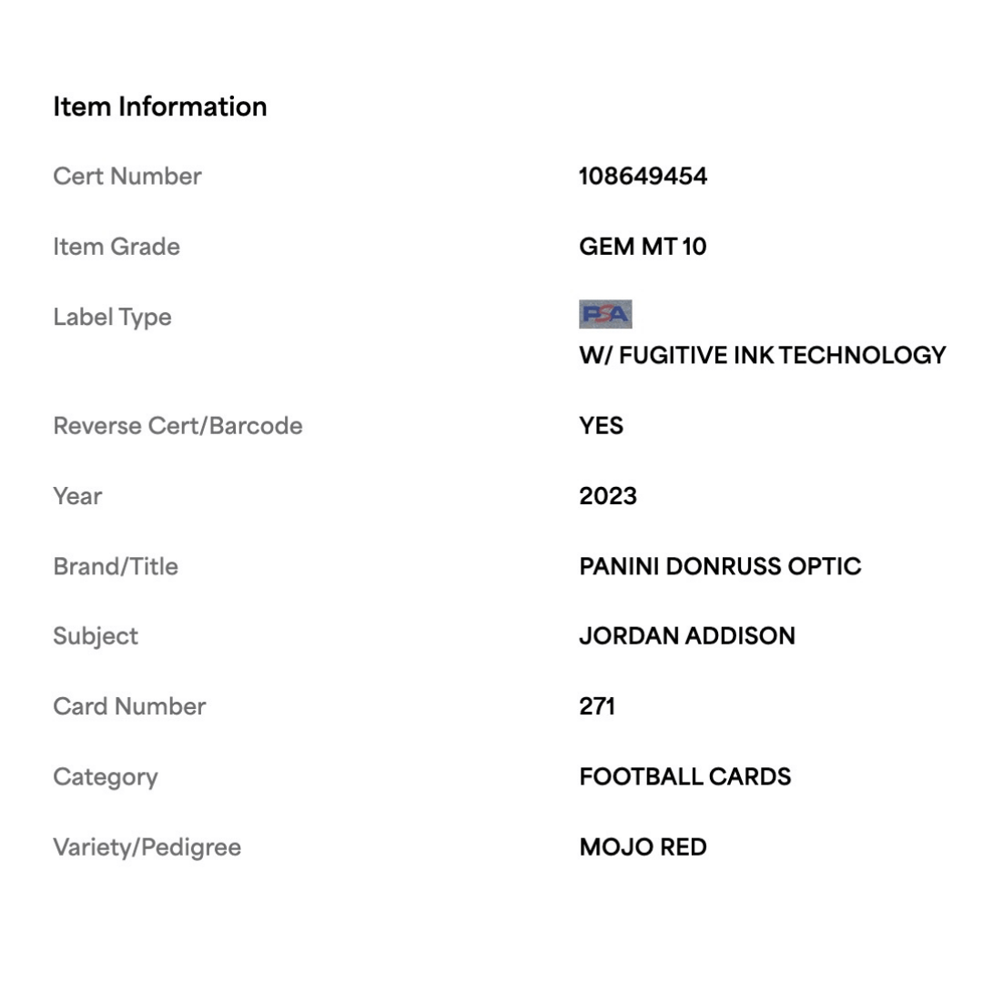 Jordan Addison PSA 10 2023 Panini Donruss Optic Mojo Red Rated Rookie Card #271