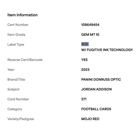 Jordan Addison PSA 10 2023 Panini Donruss Optic Mojo Red Rated Rookie Card #271