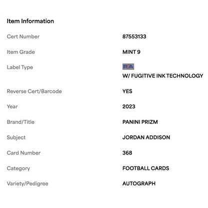 Jordan Addison PSA 9 2023 Panini Prizm Autograph Rookie RC Card #368
