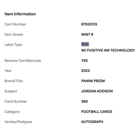Jordan Addison PSA 9 2023 Panini Prizm Autograph Rookie RC Card #368