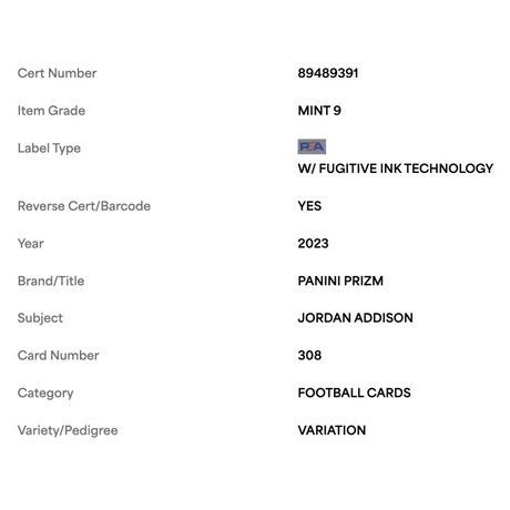 Jordan Addison PSA 9 2023 Panini Prizm Variation Rookie RC Card #308