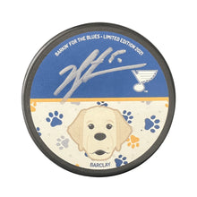 Jordan Binnington St Louis Blues 2021 Barkin For The Blues Autographed Logo Puck - St Louis Blues COA