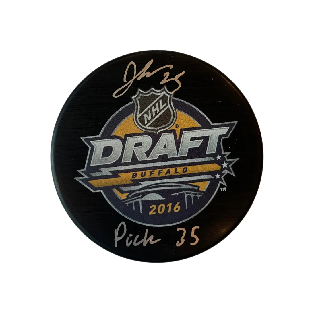 Jordan Kyrou St Louis Blues Autographed 2016 NHL Draft Puck with Inscription - JSA COA