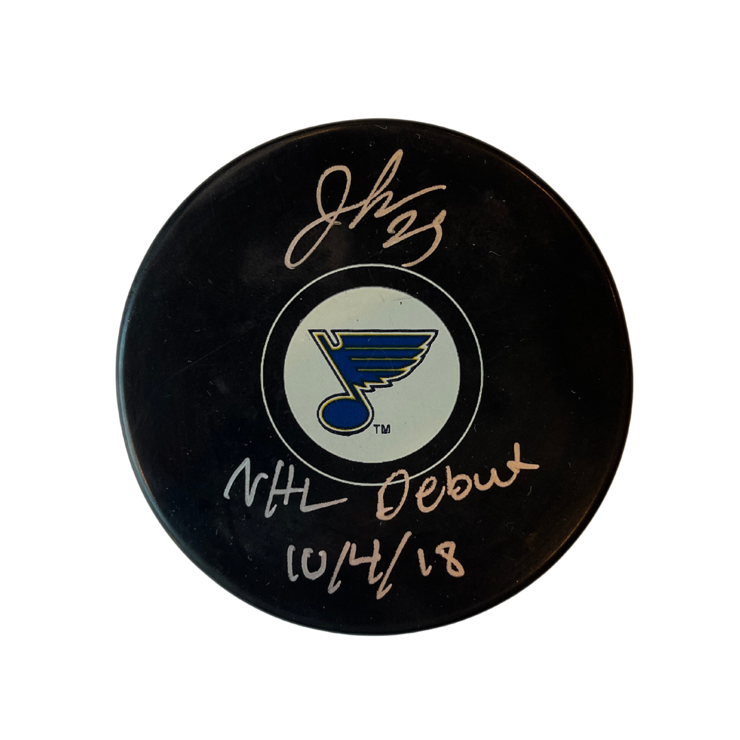 Jordan Kyrou St Louis Blues Autographed Logo Puck with Debut Inscription - JSA COA