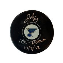 Jordan Kyrou St Louis Blues Autographed Logo Puck with Debut Inscription - JSA COA