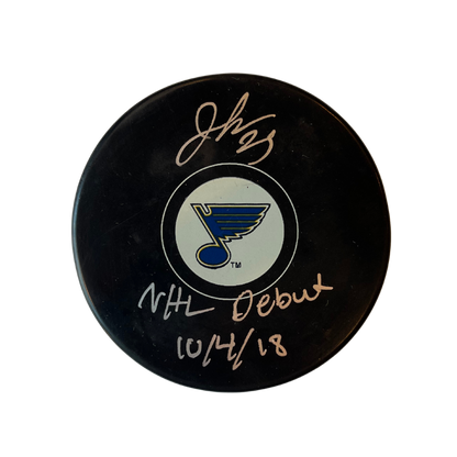 Jordan Kyrou St Louis Blues Autographed Logo Puck with Debut Inscription - JSA COA