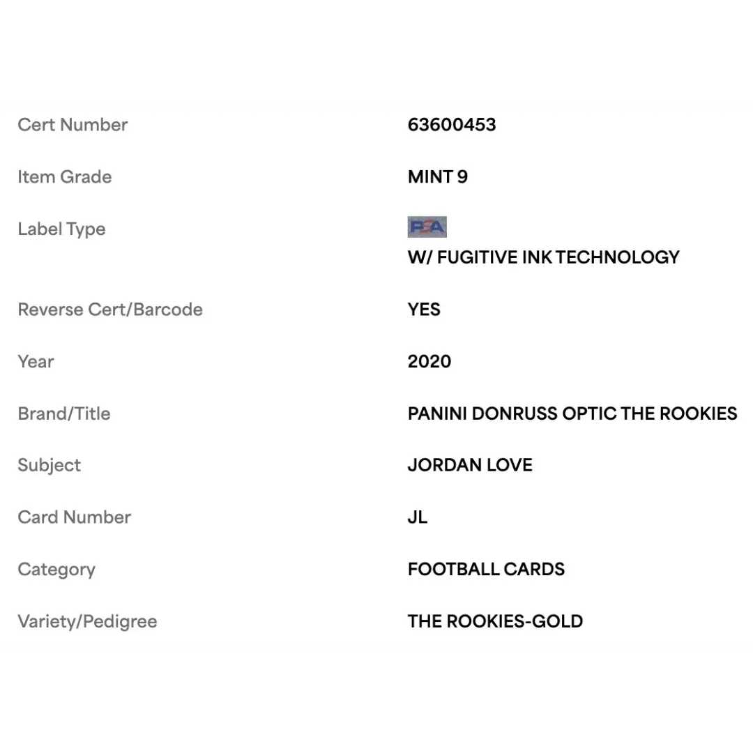 Jordan Love PSA 9 2020 Panini Donruss Optic The Rookies Gold #d/ 10 Card #JL
