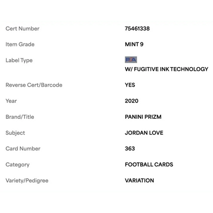 Jordan Love PSA 9 2020 Panini Prizm SP Rookie RC Card #363