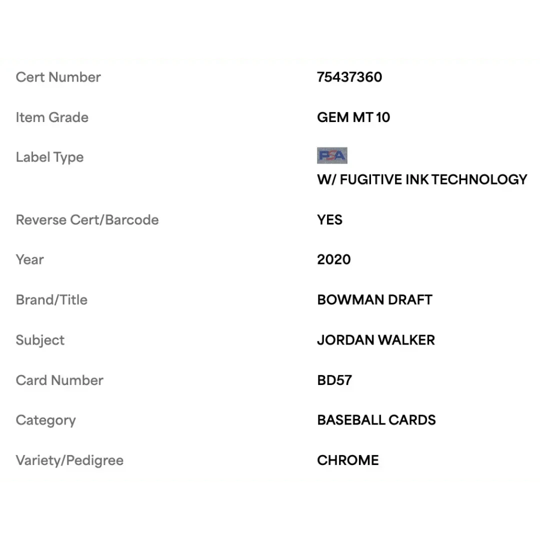 Jordan Walker PSA 10 2020 Bowman Draft Chrome Card #BD57