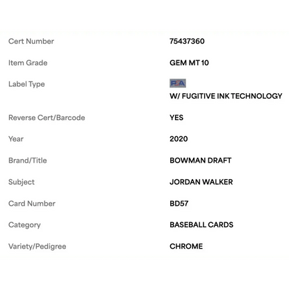 Jordan Walker PSA 10 2020 Bowman Draft Chrome Card #BD57