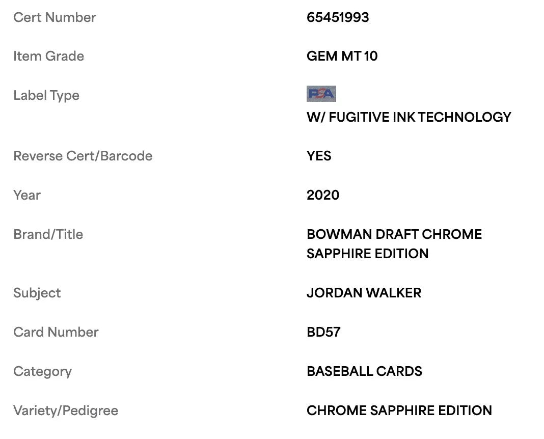 Jordan Walker PSA 10 2020 Bowman Draft Chrome Sapphire Edition Card #BD57