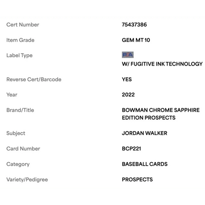 Jordan Walker PSA 10 2022 Bowman Chrome Sapphire Edition Prospects Card #BCP221