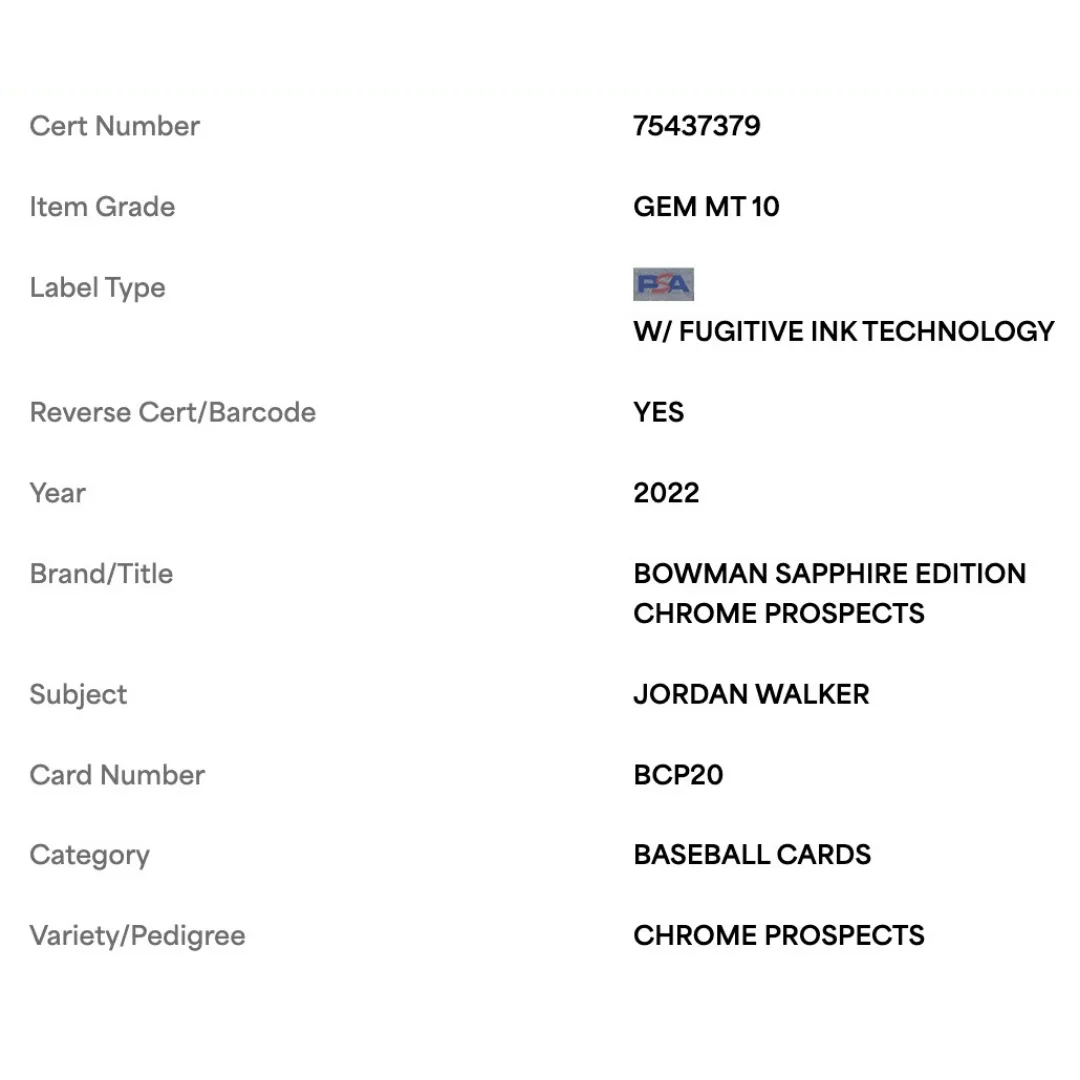 Jordan Walker PSA 10 2022 Bowman Sapphire Edition Chrome Prospects Card #BCP20