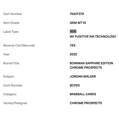 Jordan Walker PSA 10 2022 Bowman Sapphire Edition Chrome Prospects Card #BCP20