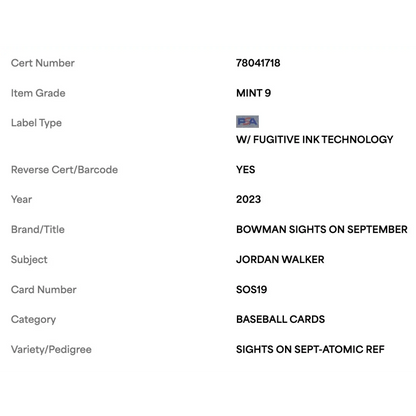 Jordan Walker PSA 9 2023 Bowman Sights on September Atomic Refractor #d/ 150 Card #SOS19