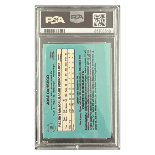 Jose Canseco 1985 Leaf Donruss Rated Rookie Autograph Card #39
