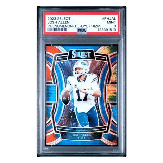 Josh Allen PSA 9 2023 Panini Select Phenomenon Tie Dye Prizm #d/ 25 Card #PHJAL