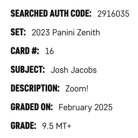 Josh Jacobs SGC 9.5 2023 Panini Zenith Zoom! Case Hit SSP Card #16