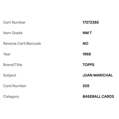 Juan Marichal PSA 7 1968 Topps Card #205