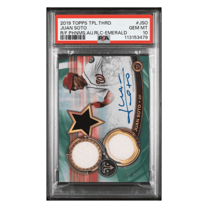 Juan Soto PSA 10 2019 Topps Triple Threads Rookies Future Phenom Autograph Relic Emerald #d/ 50 Card #JSO