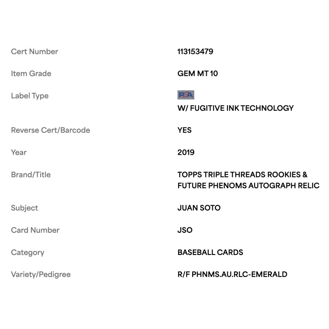 Juan Soto PSA 10 2019 Topps Triple Threads Rookies Future Phenom Autograph Relic Emerald #d/ 50 Card #JSO