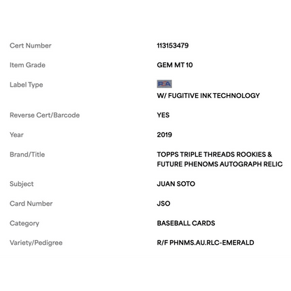 Juan Soto PSA 10 2019 Topps Triple Threads Rookies Future Phenom Autograph Relic Emerald #d/ 50 Card #JSO