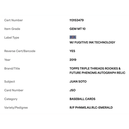 Juan Soto PSA 10 2019 Topps Triple Threads Rookies Future Phenom Autograph Relic Emerald #d/ 50 Card #JSO