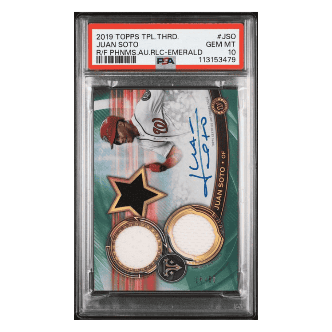 Juan Soto PSA 10 2019 Topps Triple Threads Rookies Future Phenom Autograph Relic Emerald #d/ 50 Card #JSO