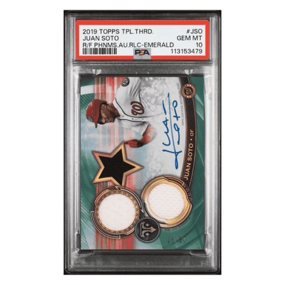 Juan Soto PSA 10 2019 Topps Triple Threads Rookies Future Phenom Autograph Relic Emerald #d/ 50 Card #JSO