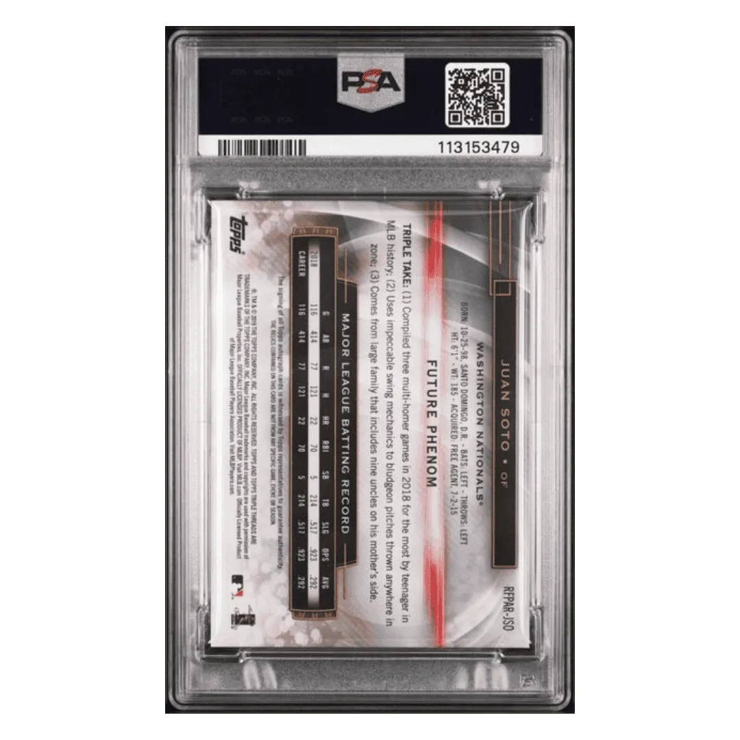 Juan Soto PSA 10 2019 Topps Triple Threads Rookies Future Phenom Autograph Relic Emerald #d/ 50 Card #JSO