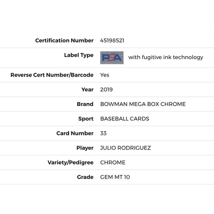 Julio Rodriguez PSA 10 2019 Bowman Mega Box Chrome Card #33