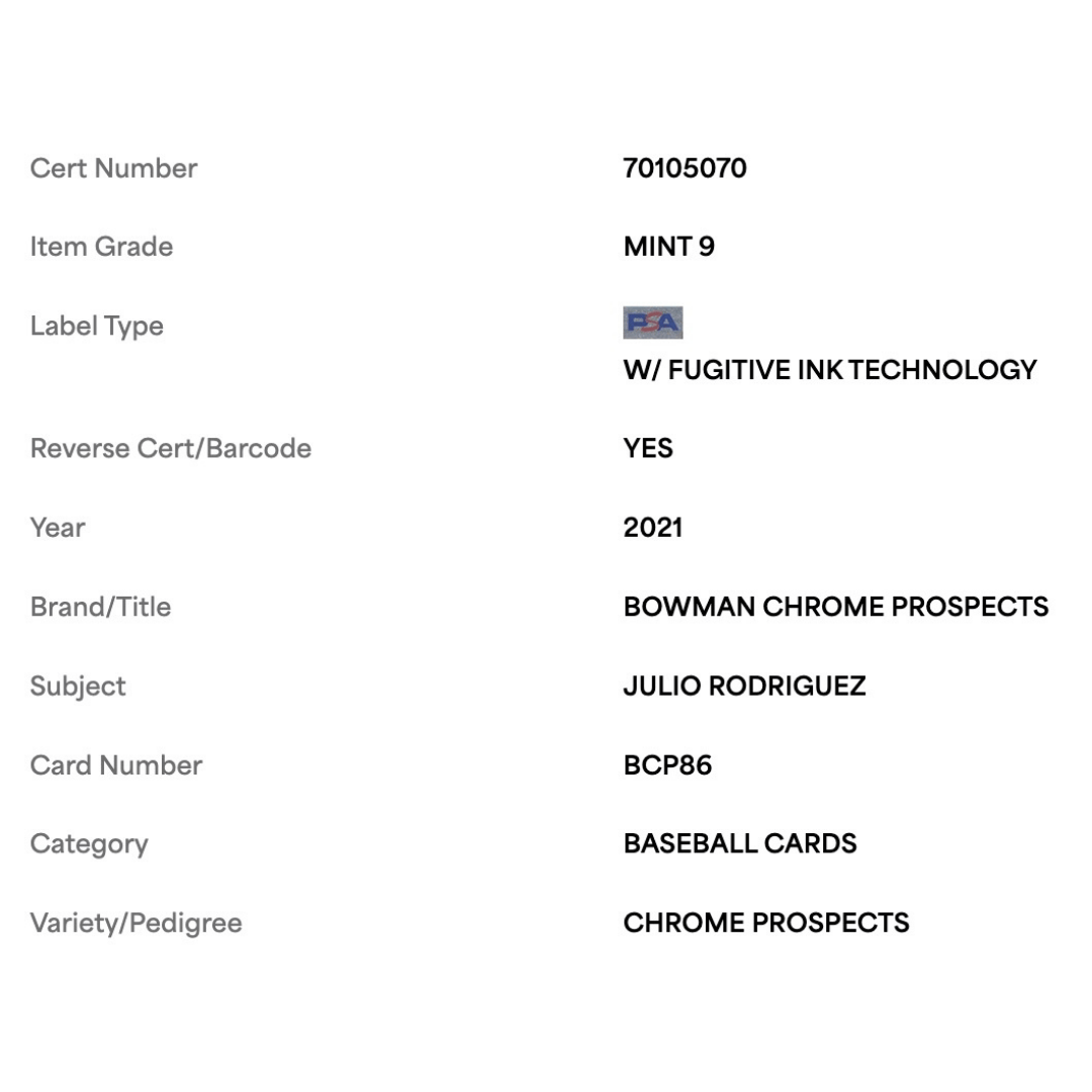 Julio Rodriguez PSA 9 2021 Topps Bowman Chrome Prospects Card #BCP86