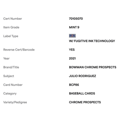 Julio Rodriguez PSA 9 2021 Topps Bowman Chrome Prospects Card #BCP86