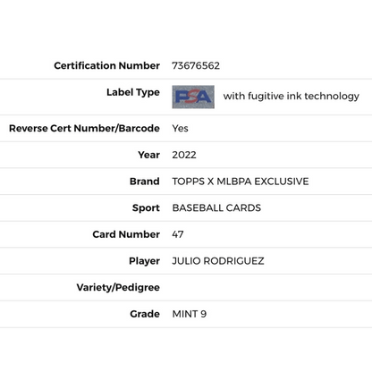 Julio Rodriguez PSA 9 2022 Topps X MLBPA Exclusive Card #47