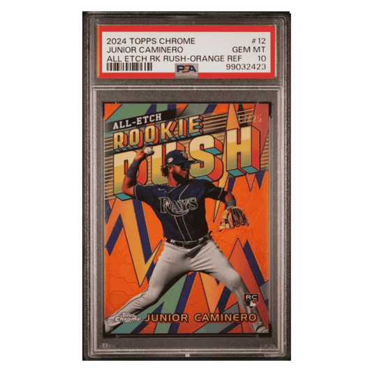 Junior Caminero PSA 10 2024 Topps Chrome All Etch Rookie Rush Orange Refractor #d/ 25 Card #12