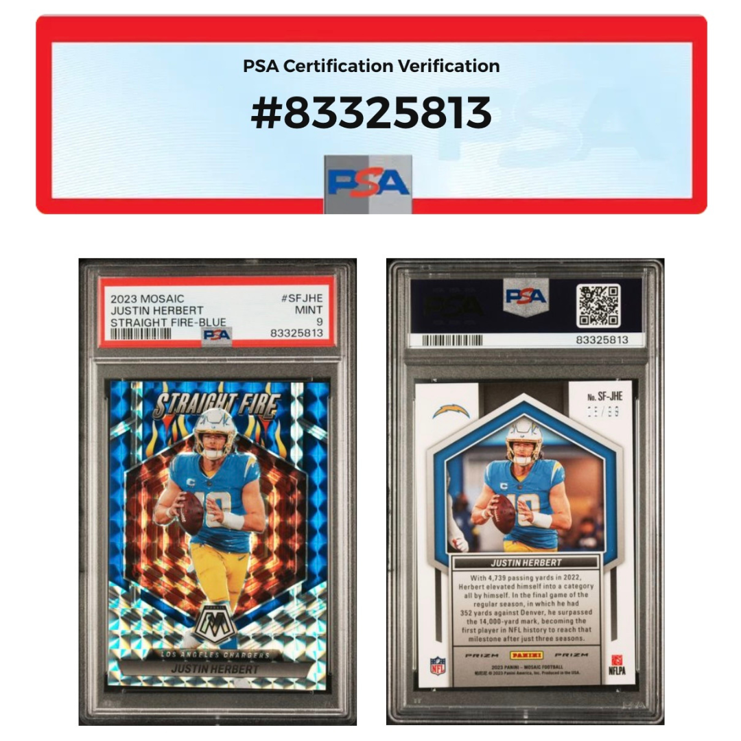 Justin Herbert PSA 9 2023 Mosaic Blue Straight Fire #D 08/99 #SF-JHE