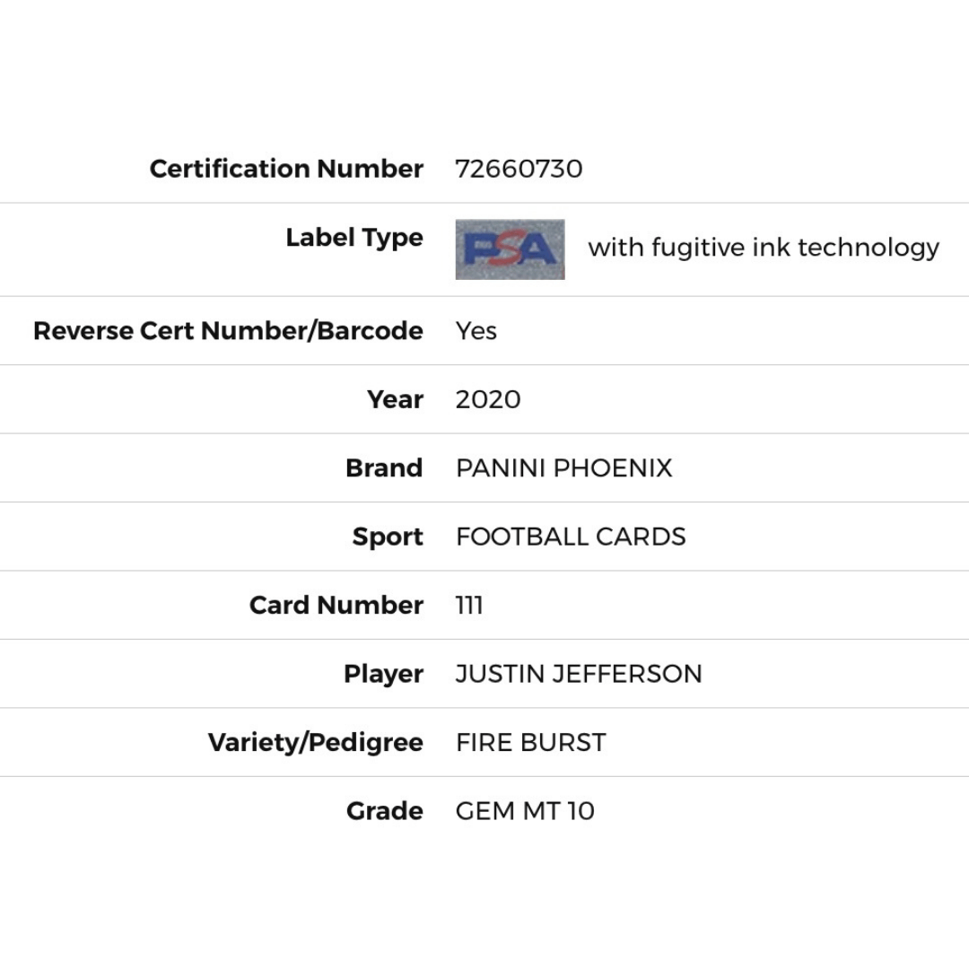 Justin Jefferson PSA 10 2020 Panini Phoenix Fire Burst Rookie RC Card #111