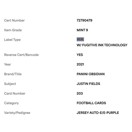 Justin Fields PSA 9 2021 Panini Obsidian Jersey Patch Auto Electric Etch Purple Rookie RC #d/40 Card #203